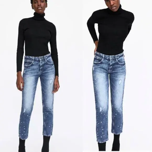 ZARA | Women’s Star Studded Mid Rise Straight Jeans Size 8 Fun Pop Button Fly - Picture 2 of 11